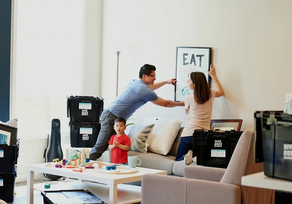 A family settling into their new home